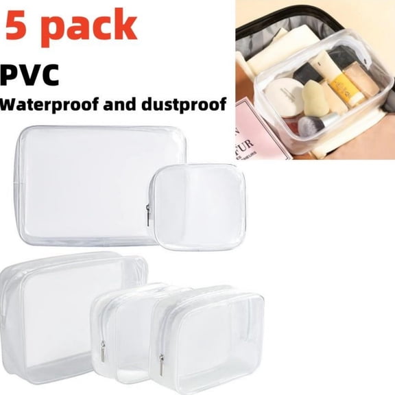 5 pack Clear Plastic Zippered Toiletry Carry Pouch TSA Approved Toiletry Bag Portable Cosmetic Makeup Bag for Vacation, Bathroom and Organizing (White, Mixed Size)