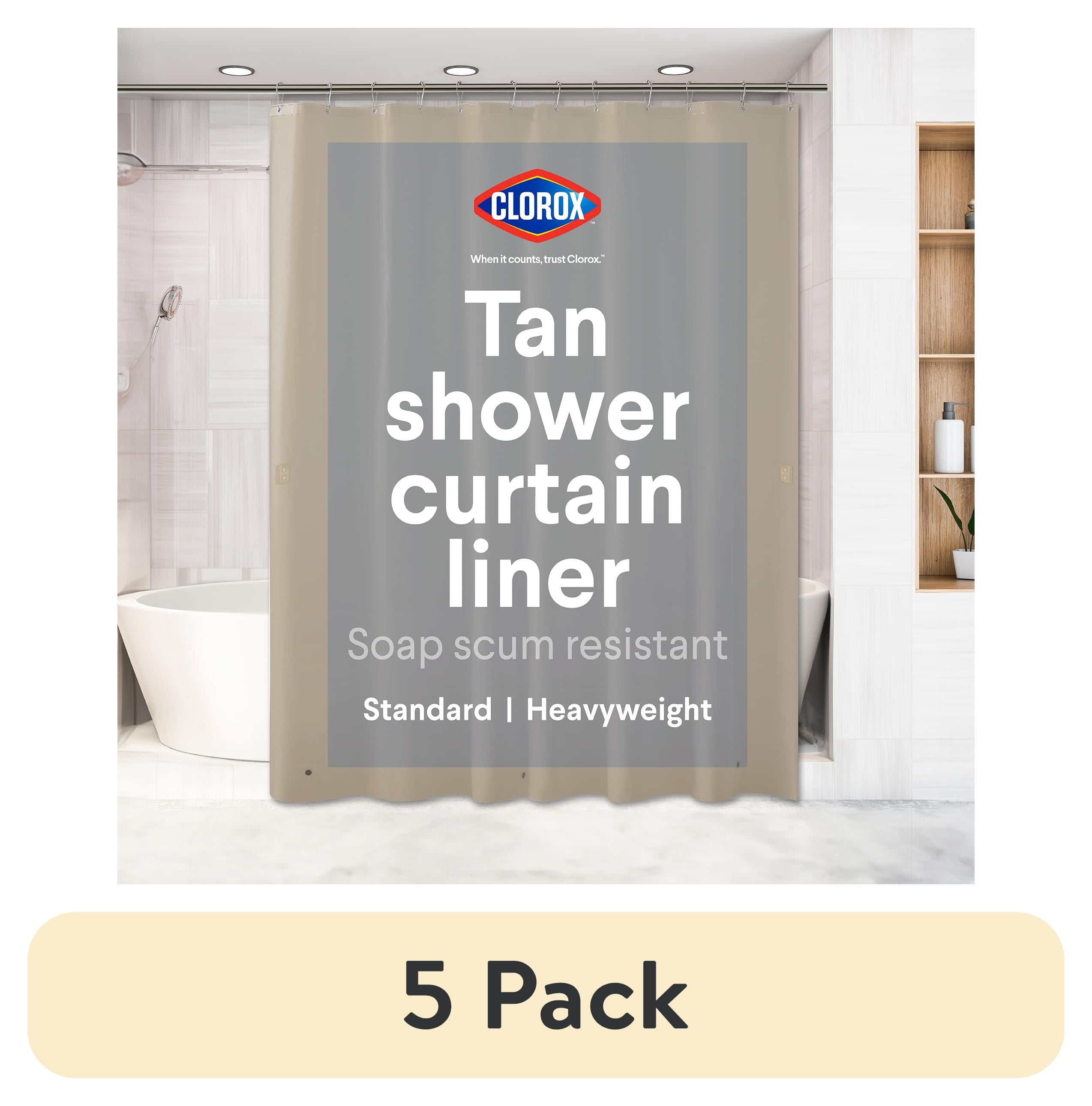 (5 pack) Clorox Shower Curtain Liner Heavyweight Waterproof PEVA with Metal Grommets 72" x 72" Beige