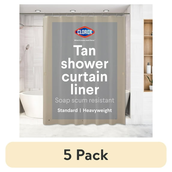 (5 pack) Clorox Shower Curtain Liner Heavyweight Waterproof PEVA with Metal Grommets 72" x 72" Beige