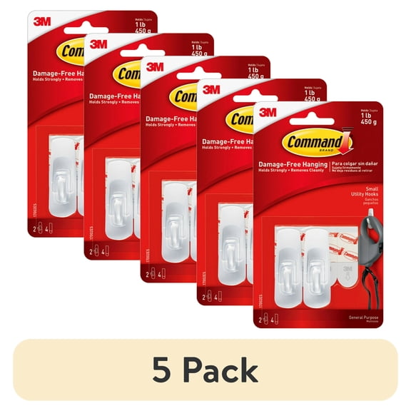 (5 pack) Command Small Hooks, White, 2 Plastic Hooks