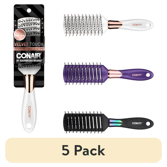 (5 pack) Conair Velvet Touch Nylon Bristles Vented Hair Brush, Multicolor