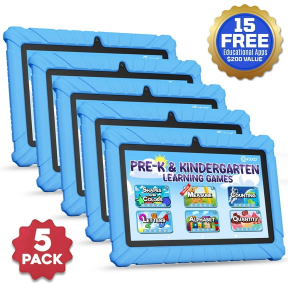 (5 pack) Contixo 7" Kids Tablet 2025 Model with Epic! & Lingokids, Educational Android Tablet for Kids 3-12, 32GB, Parental Controls, Kid-Proof Case – Blue