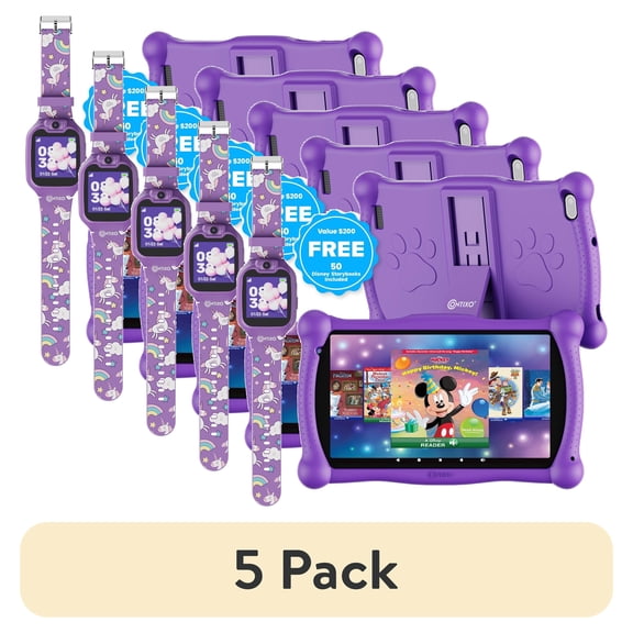 (5 pack) Contixo Kids Tablet & Smart Watch Bundle - 7" Android Tablet, 50+ Disney eBooks 2GB RAM, 32GB, Bluetooth, Stylus & Watch, Parental Controls, Case, Purple