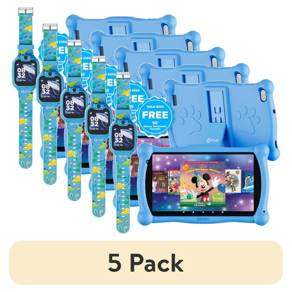 (5 pack) Contixo Kids Tablet & Smart Watch Bundle - 7" Android Tablet, 50+ Disney eBooks 2GB RAM, 32GB, Bluetooth, Stylus & Watch, Parental Controls, Case, Blue