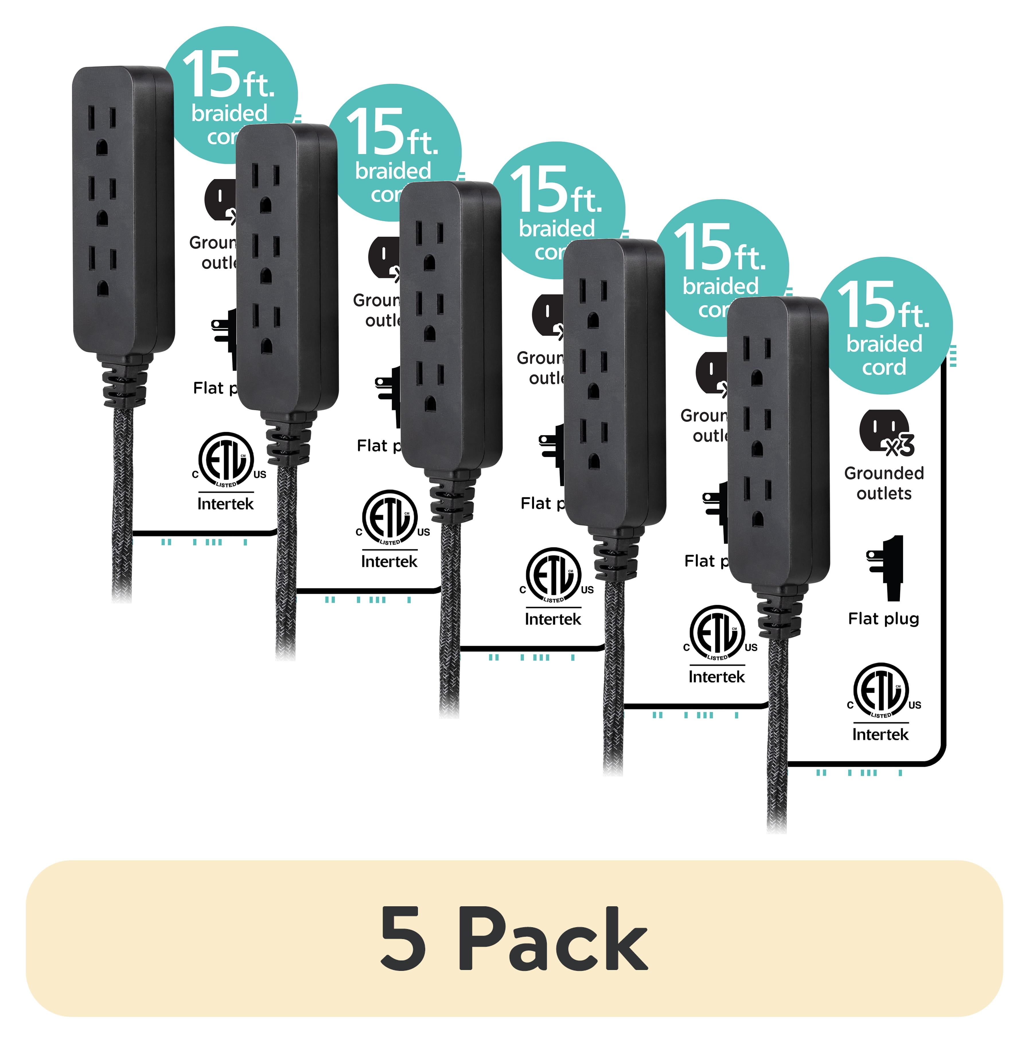 (5 pack) Cordinate Designer 15' Power Strip Surge Protector, UL Listed, Black/Dark Heather, 50012