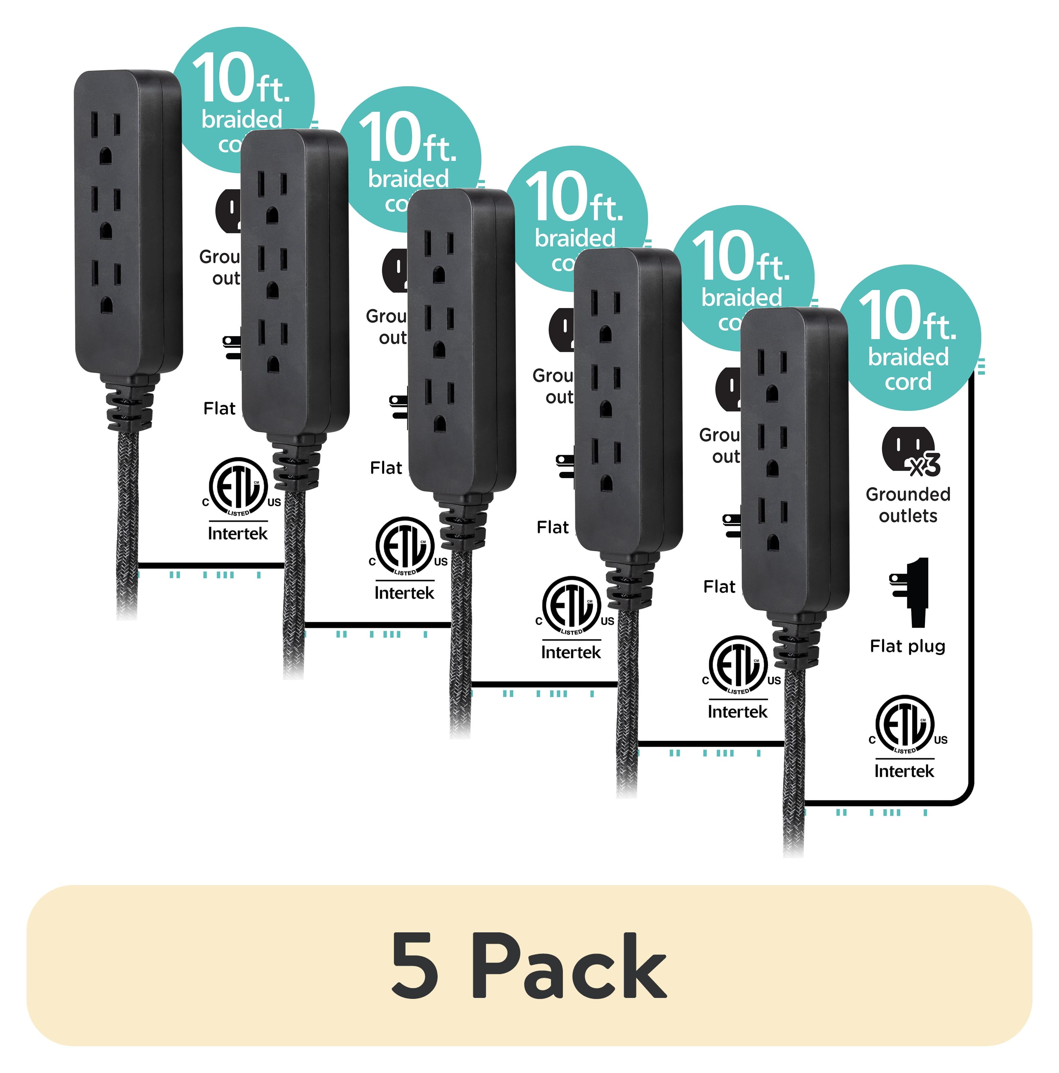 (5 pack) Cordinate Designer Extension Cord, 3-Outlet 10-Foot Cord, Black, Indoor, 42024