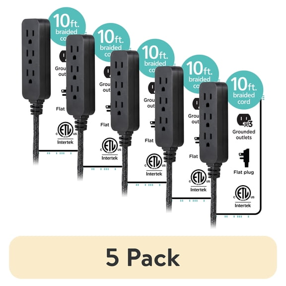 (5 pack) Cordinate 10FT 3-Outlet Indoor Extension Cord, Flat Plug, 3 Prong, Black/Gray