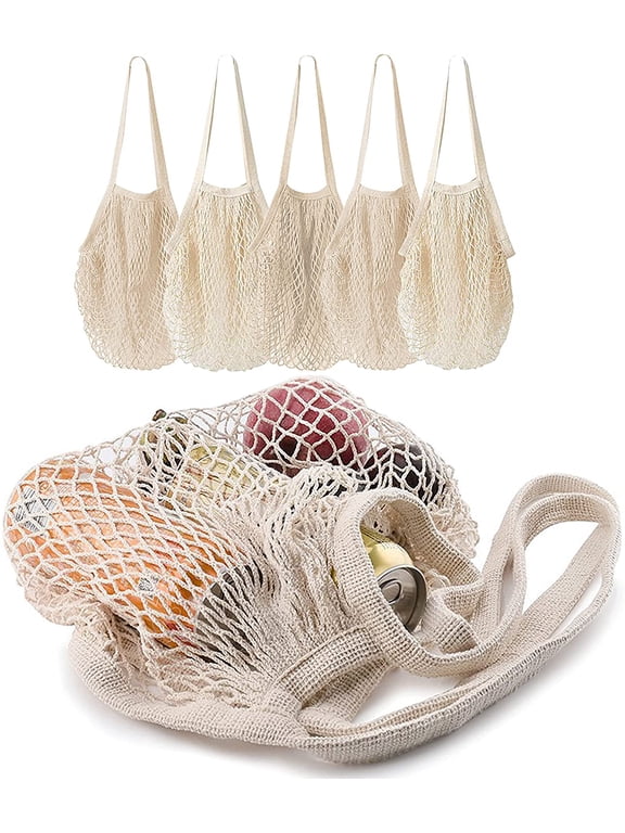 5 pack Cotton String Shopping Bags Reusable Washable Grocery Mesh Bags Organizer for Grocery Shopping Produce Net Bags with Longhandle for Fruit Vegetable Storage
