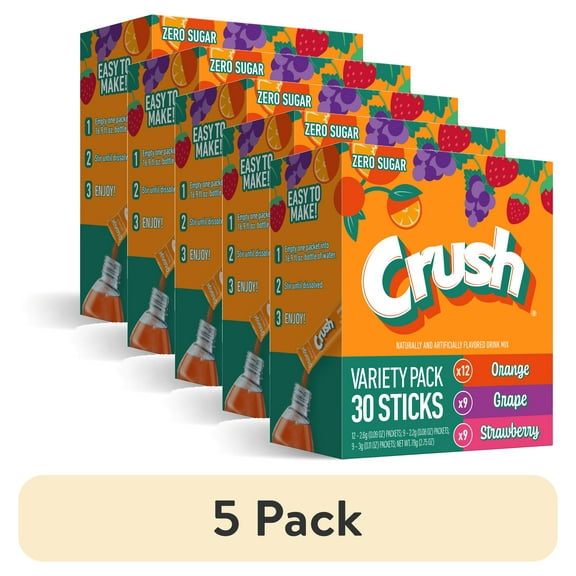 (5 pack) Crush Powdered Drink Mix Variety Pack, Orange, Grape & Strawberry, Sugar-Free, 30-Count