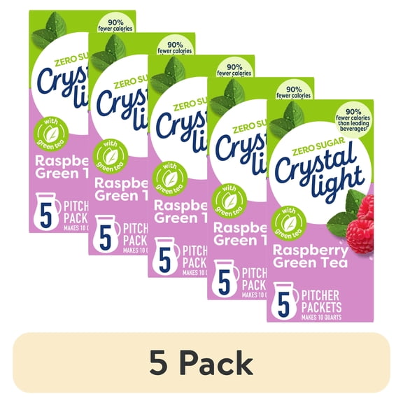 (5 pack) Crystal Light Drink Mix, 5 Pitcher Packets, for Flavorful Hydration and Shareable Refreshment, Naturally Flavored Raspberry Green Tea with other natural flavor, Made with Green Tea, 1.87 oz