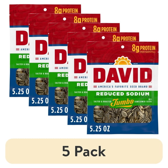 (5 pack) DAVID Reduced Sodium Jumbo Sunflower Seeds, Original Flavor, 5.25 oz.