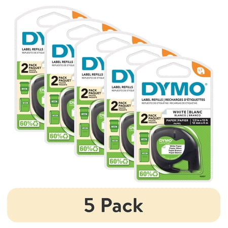 (5 pack) DYMO Labeling Tape for LetraTag Label Makers, Black Print on White Labels, 1/2" x 13-Foot Roll, 2 Pack