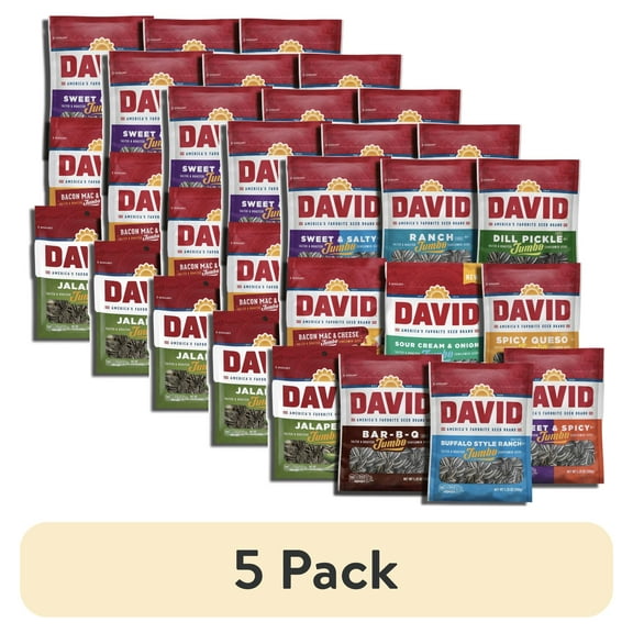 (5 pack) David Sunflower Seeds Variety Pack, 10 Bags May include BBQ, Dill Pickle, Ranch, Bacon Mac n Cheese, Buffalo Ranch, Sweet & Salty, Sweet & Spicy, Jalapeno, Sour Cream & Onion Or Spicy