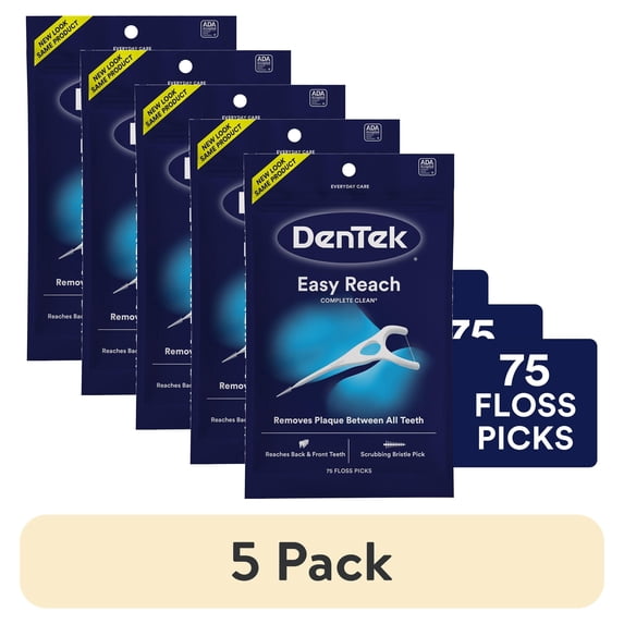 (5 pack) DenTek Complete Clean Easy Reach Floss Picks, No Break & No Shred Floss, 75 Count