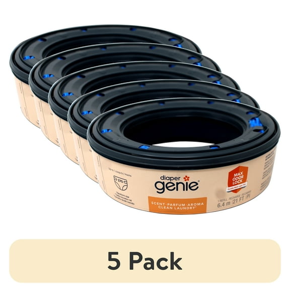(5 pack) Diaper Genie Refill, Clean Laundry Scent, Max Odor Lock, 6.4m (21 ft), Holds Up to 270 Newborn Diapers