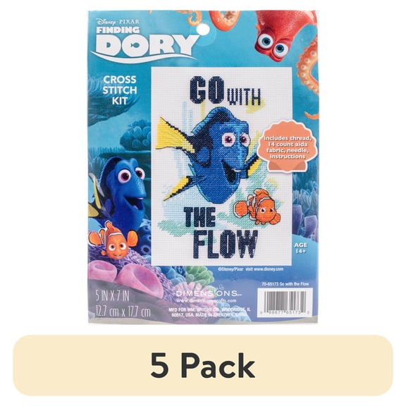 (5 pack) Dimensions Finding Dory Counted Cross Stitch Kit 5"X7"-Go With The Flow (14 Count)