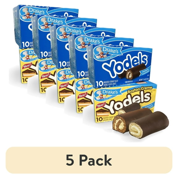 (5 pack) Drake's Yodels Snack Cakes Combo Pack | Boston Creme & Original Devils Food | Pack of 2 (20 Total Frosted Creme Filled Cakes)