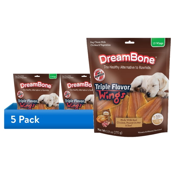 (5 pack) DreamBone Triple Flavor Wings Rawhide-Free Chews for Dogs, Made with Real Peanut Butter, 10 Count