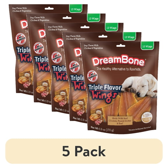 (5 pack) DreamBone Triple Flavor Wings Rawhide-Free Chews for Dogs, Made with Real Peanut Butter, 10 Count