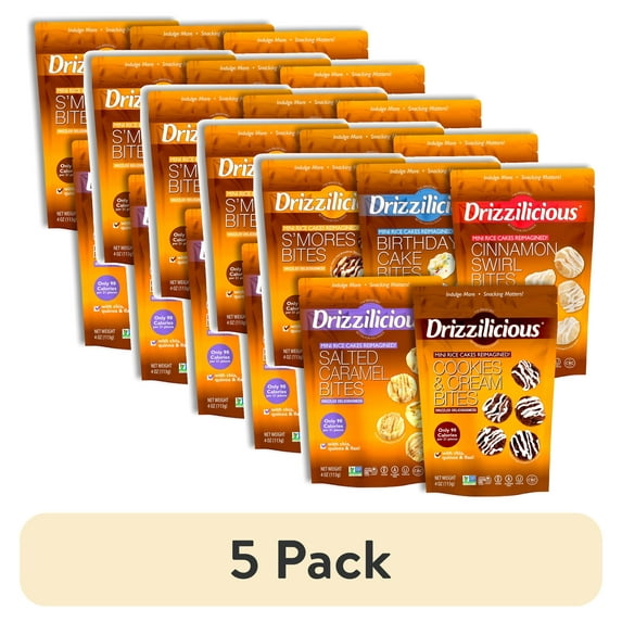 (5 pack) Drizzilicious Mini Rice Cake Bites Variety Pack | 4 Ounce Bag | Birthday Cake, Cinnamon Swirl, Cookies & Cream, S'mores, Salted Caramel | Pack of 5