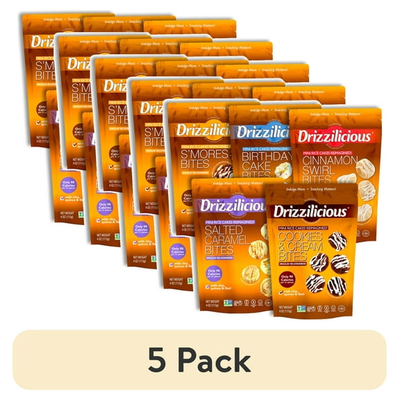 (5 pack) Drizzilicious Mini Rice Cake Bites Variety Pack | 4 Ounce Bag | Birthday Cake, Cinnamon Swirl, Cookies & Cream, S'mores, Salted Caramel | Pack of 5