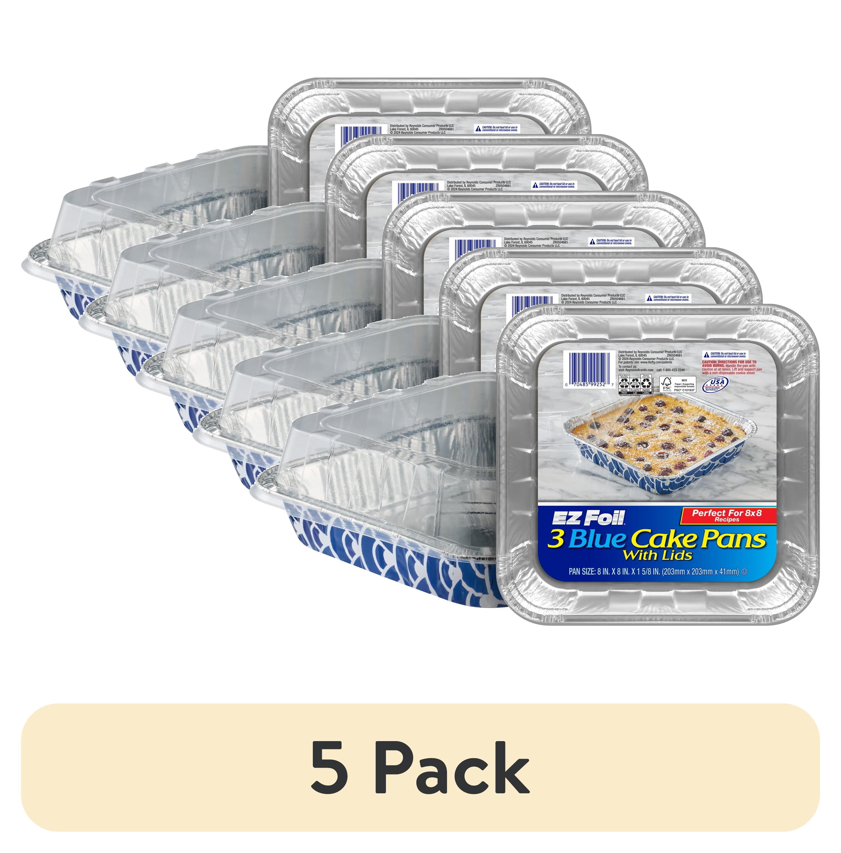 (5 pack) EZ Foil Cake Pans with Lids, Blue, 8x8 Inch, 3 Count