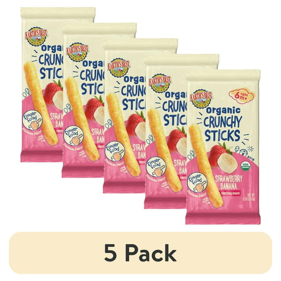 (5 pack) Earth's Best Organic Teething Crunchy Sticks Strawberry Banana Puffed Baby Snack, 0.56 oz Bag
