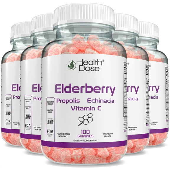 (5 pack) Elderberry Sambucus Gummy Vitamins Men & Women by Health Dose 100 Gummies. With Propolis Extract, Echinacea, Vitamin C, Delicious Raspberry Flavor, Vegan - Gluten-Free, Defense, Immune