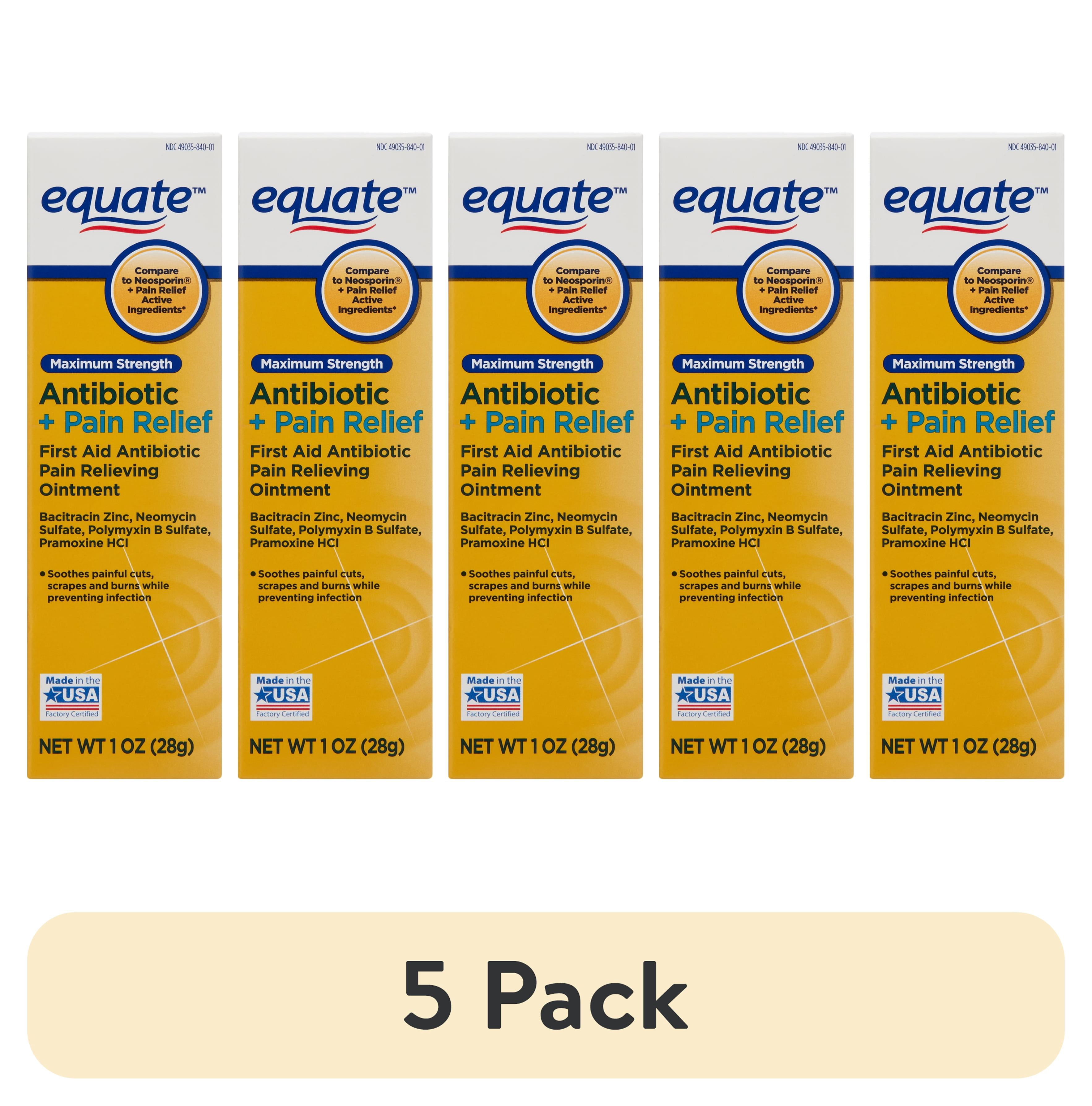 (5 pack) Equate Maximum Strength Antibiotic & Pain Relief First Aid Ointment, 1 oz, Compare to Neosporin® + Pain Relief Active Ingredients