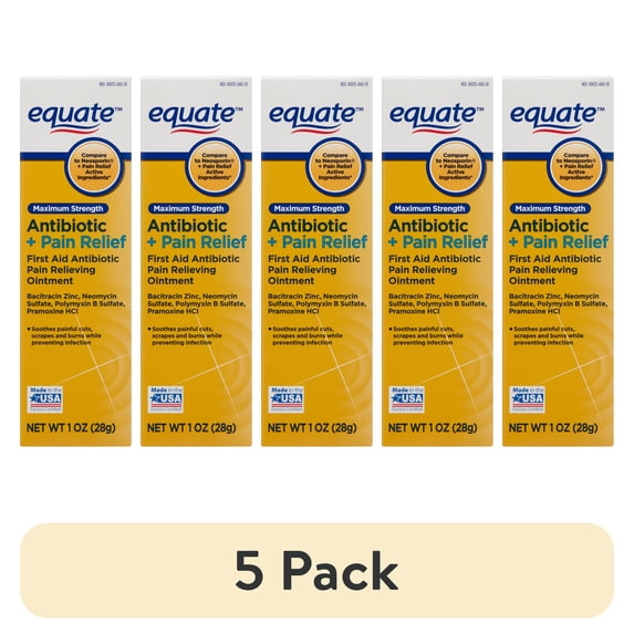 (5 pack) Equate Maximum Strength Antibiotic & Pain Relief First Aid Ointment, 1 oz, Compare to Neosporin® + Pain Relief Active Ingredients