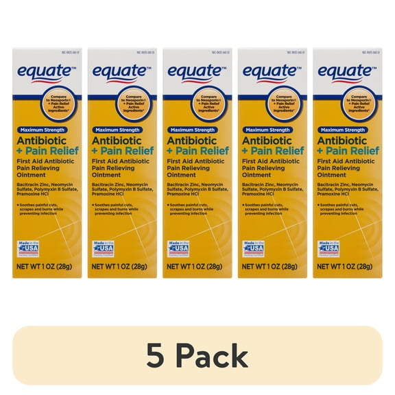 (5 pack) Equate Maximum Strength Antibiotic & Pain Relief First Aid Ointment, 1 oz, Compare to Neosporin® + Pain Relief Active Ingredients
