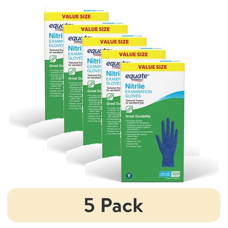 (5 pack) Equate Nitrile Examination Gloves, One Size Fits Most, 200 Count