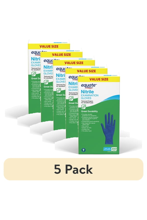(5 pack) Equate Nitrile Examination Gloves, One Size Fits Most, 200 Count