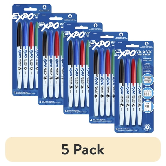 (5 pack) EXPO Vis-a-vis Wet-Erase Overhead Markers, Fine Point, Assorted, 4 Count (16074)