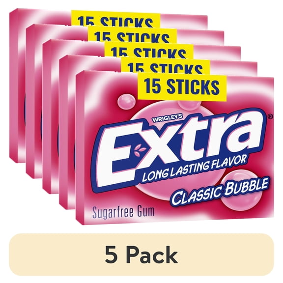 (5 pack) Extra Classic Bubble Gum Sugar Free Chewing Gum, Single Pack- 15 Stick