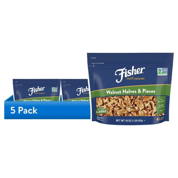 (5 pack) Fisher Chef's Naturals Gluten Free, No Preservatives, Non-GMO Walnut Halves & Pieces, 16 oz Bag