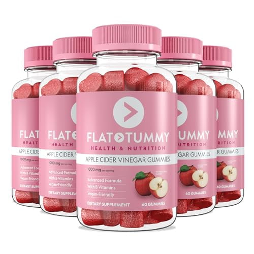 (5 pack) Flat Tummy Apple Cider Vinegar Gummies, 60 Count Natural Energy, Detoxification, Gut Health Support