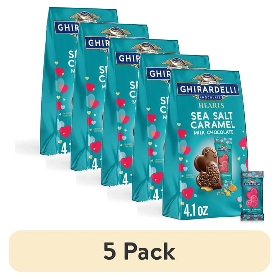 (5 pack) GHIRARDELLI Valentine's Day Sea Salt Caramel Milk Chocolate Hearts , 4.1 oz Bag
