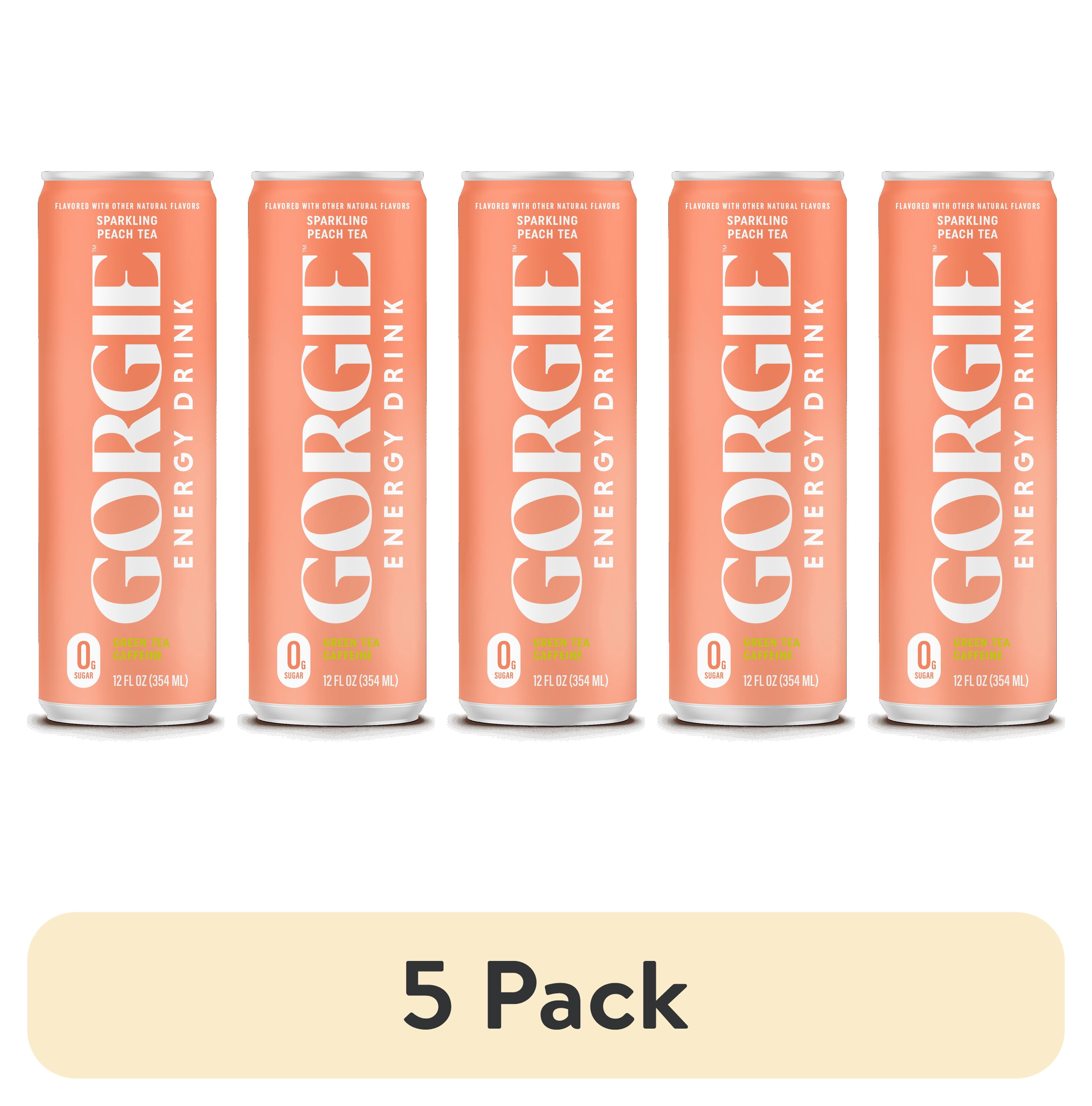 (5 pack) GORGIE Sparkling Energy Drink, Peach Tea, 0 Sugar, Natural Caffeine from Green Tea, 12 fl oz Can