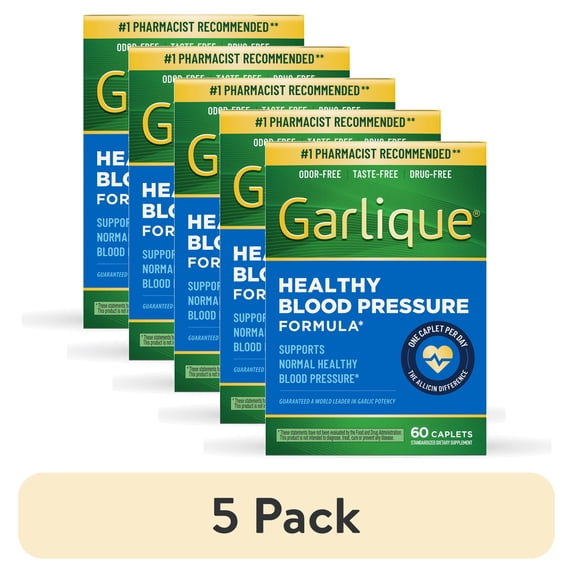 (5 pack) Garlique Garlic Extract Supplement, Healthy Blood Pressure Formula, Odor-Free, Taste-Free, Drug-Free, 60 Caplets