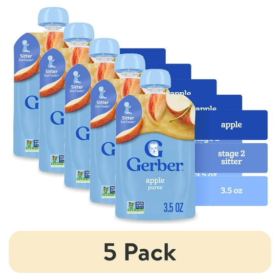 (5 pack) Gerber Stage 2 Baby Food, Apple Puree Pouch 99 g