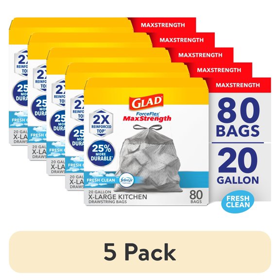 (5 pack) Glad ForceFlex Plus 20 Gallon Gray Drawstring XL Kitchen Trash Bag, Fresh Clean, 80 Bags