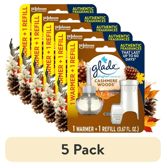 (5 pack) Glade PlugIns 1 Warmer + 1 ct Refill Starter Kit, Cashmere Woods, 0.67 FL. oz. Total, Scented Oil Air Freshener Infused with Essential Oils