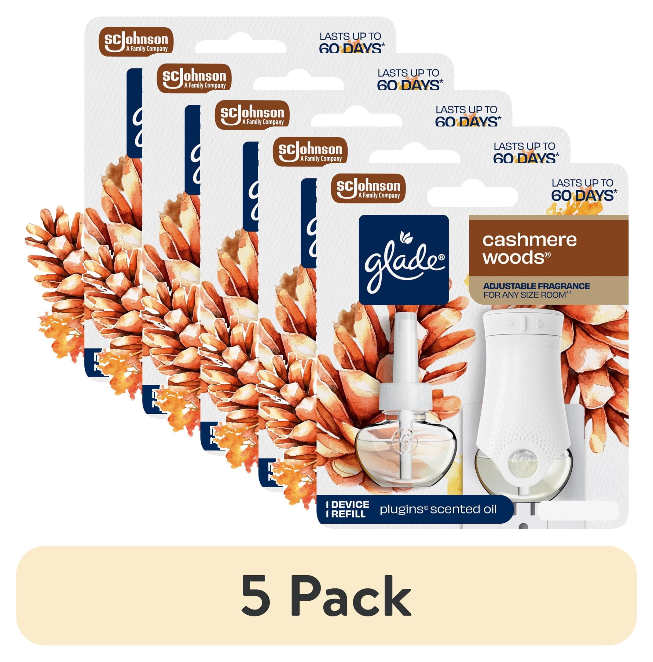 (5 pack) Glade PlugIns 1 Warmer + 1 Count Refill Starter Kit, Cashmere Woods, 0.67 FL. oz. Total, Scented Oil Air Freshener Infused with Essential Oils