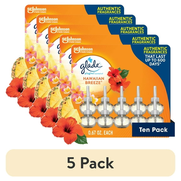 (5 pack) Glade PlugIns Scented Oil 10 Refills, Air Freshener, Hawaiian Breeze®, 10 x 0.67 oz