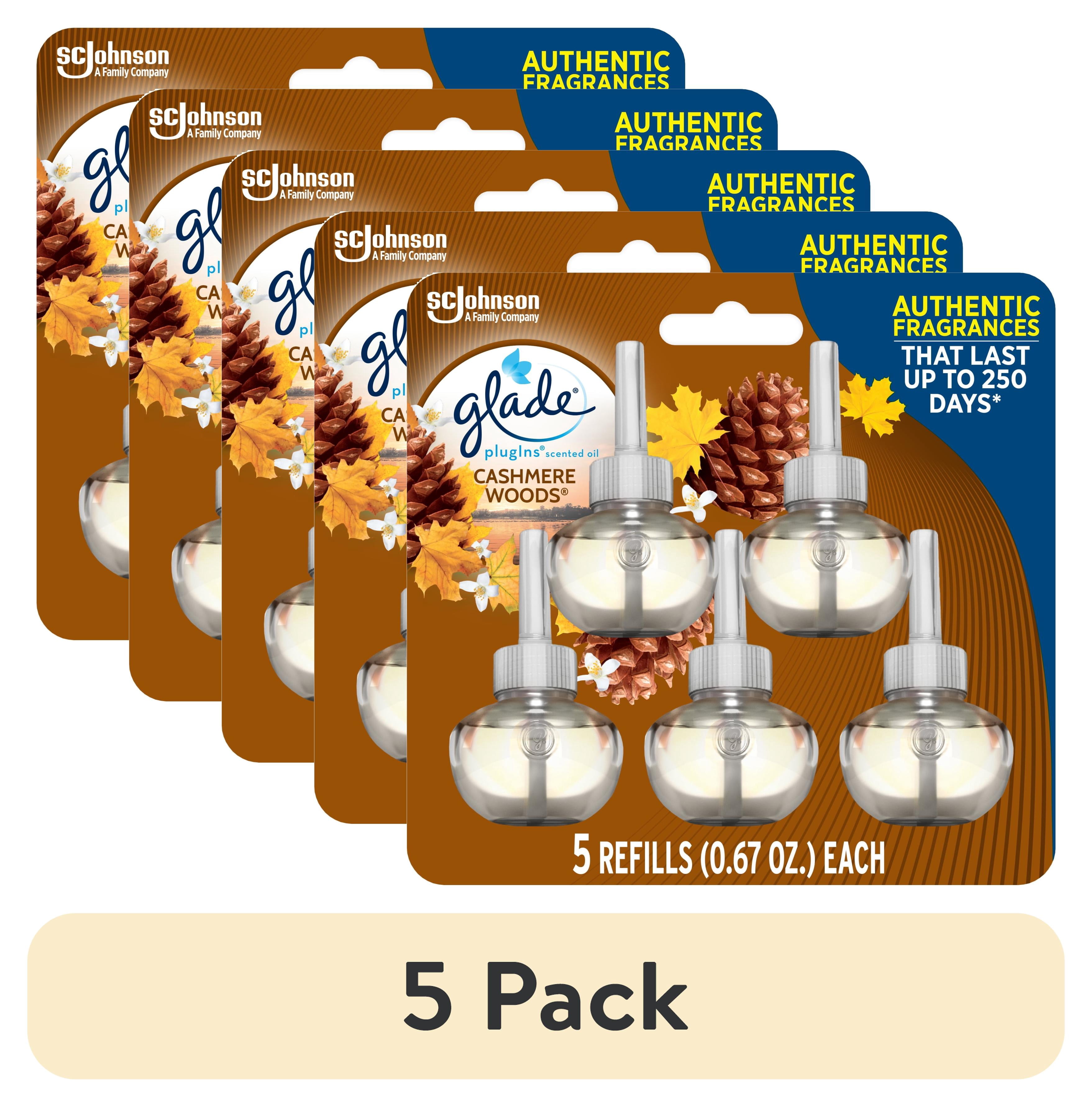 (5 pack) Glade PlugIns Scented Oil 5 Refills, Air Freshener, Cashmere Woods, Essential Oil Infused Wall Plug In, 3.35 FL oz, Pack of 5