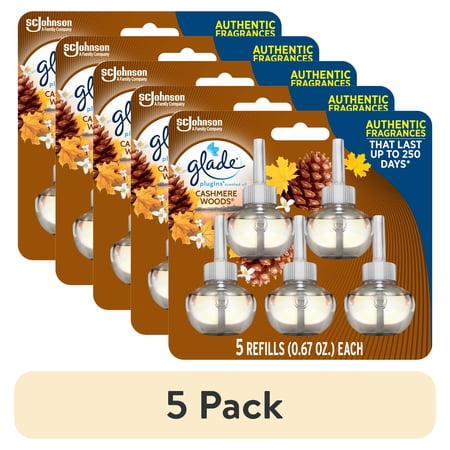 (5 pack) Glade PlugIns Scented Oil 5 Refills, Air Freshener, Cashmere Woods, Essential Oil Infused Wall Plug In, 3.35 FL oz, Pack of 5