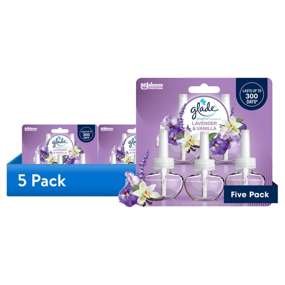 (5 pack) Glade PlugIns Scented Oil 5 Refills, Air Freshener, Lavender & Vanilla Fragrance, Essential Oil Infused Wall Plug In, 3.35 FL oz, Pack of 5