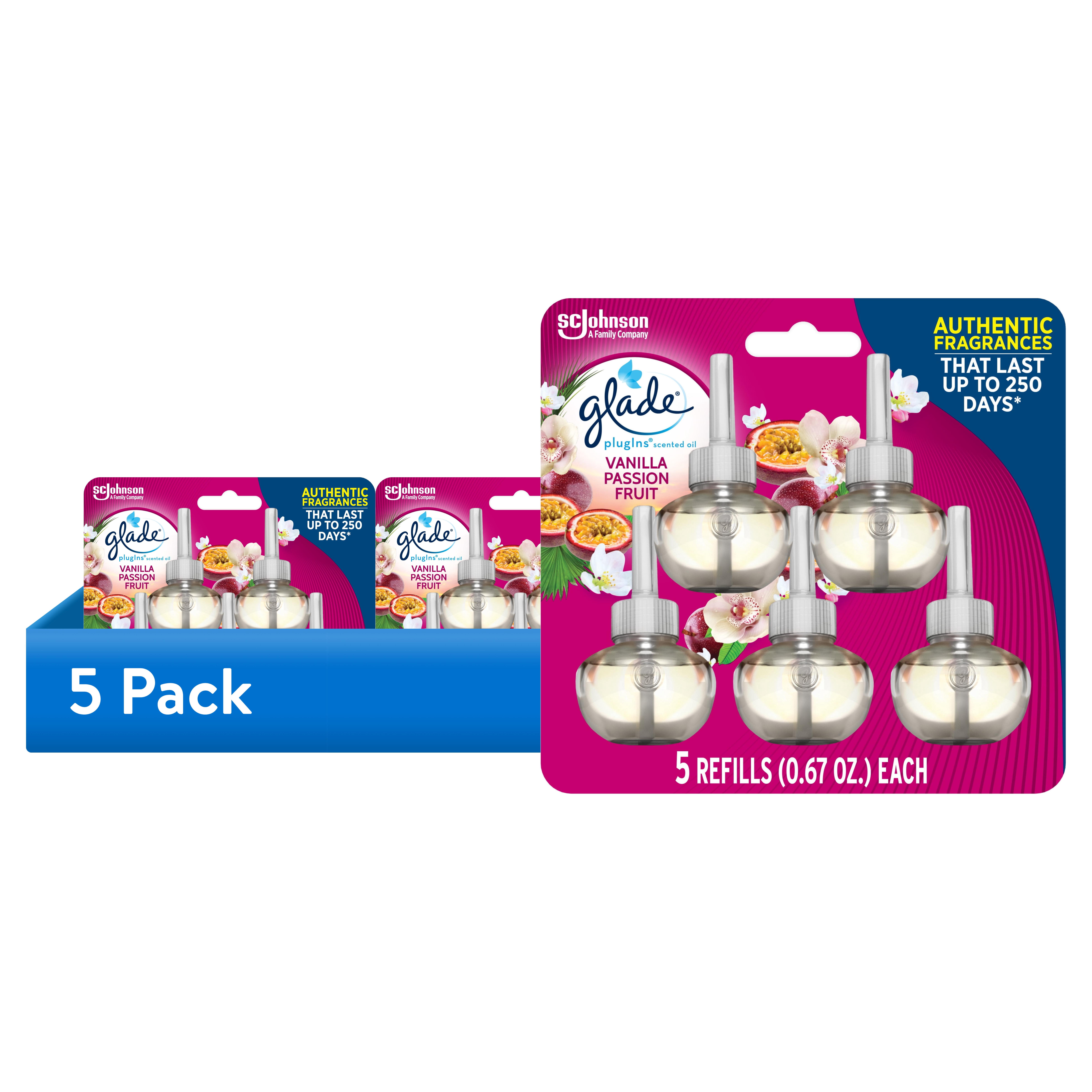 (5 pack) Glade PlugIns Scented Oil 5 Refills, Air Freshener, Vanilla Passion Fruit, Essential Oil Infused Wall Plug In, 3.35 FL oz, Pack of 5