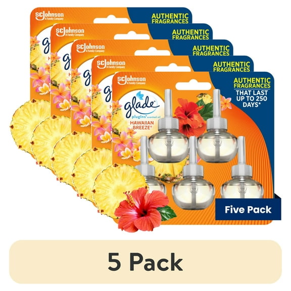 (5 pack) Glade PlugIns Air Freshener Refills, Mothers Day Gifts, Hawaiian Breeze, Infused with Essential Oils, 0.67 oz, 5 Count